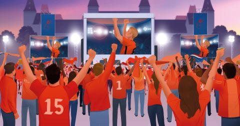 Juichende supporters voor groot scherm
